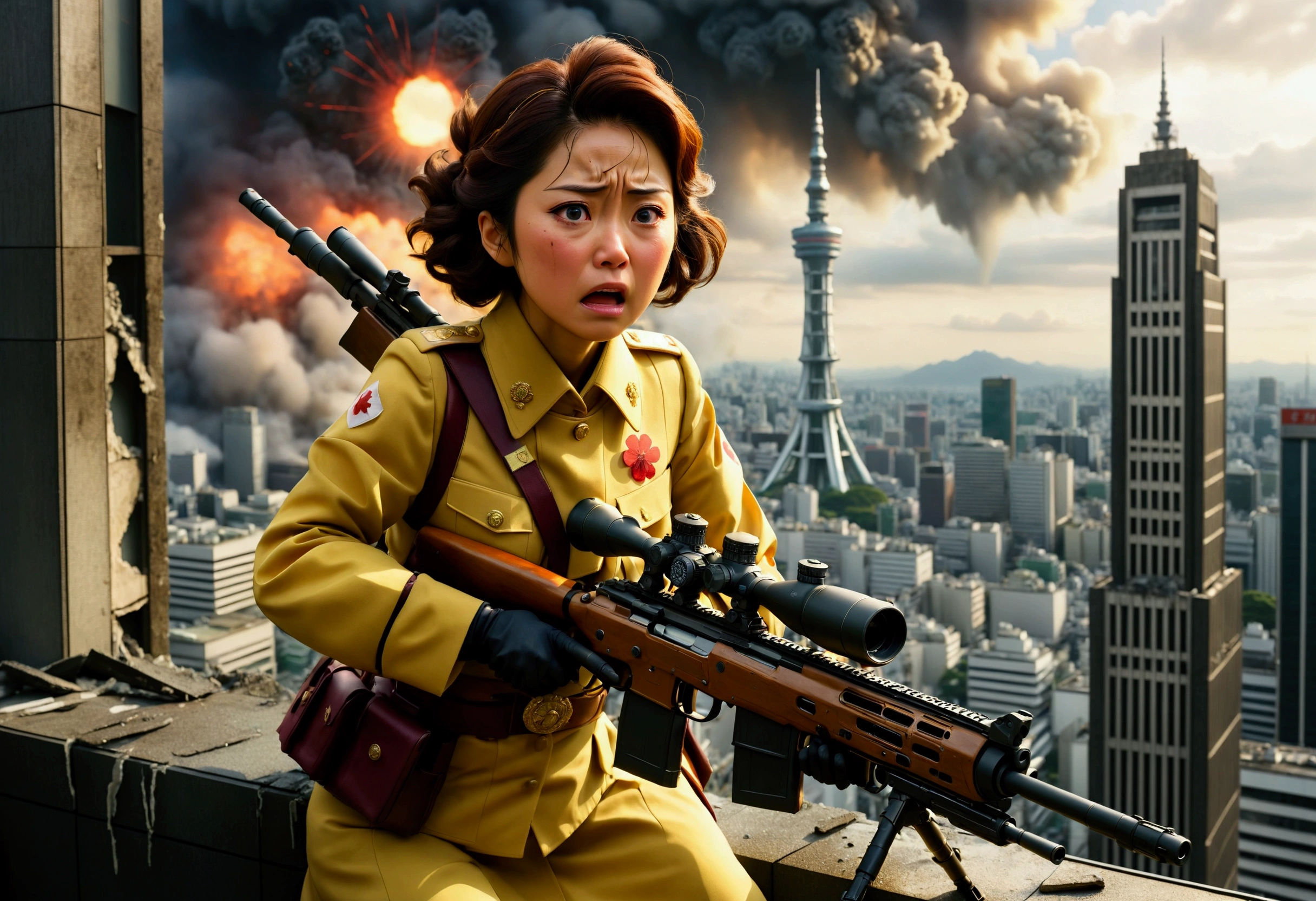 A woman in japanese MONARCH uniform is on a damaged skyscraper, she is crying and aiming a huge sniper rifle at Godzilla, Tokyo