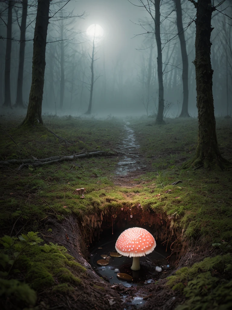 (art by Alessio Albi:1.5),
extreme close up of a fly agaric growing on a mossy dead old skeleton under a grave:1.5, surrounded by large trees, fireflies, glowing particles, hidden from plain sight, white wedding dress:1.5,
film grain, highly detailed photography, (muted colors, cinematic, dim colors, soothing tones:1.2), vibrant, insanely detailed, hyperdetailed, (dark shot:1.5) + Houdini VFXanny" textured with water droplets!! trending artstation 8k render high contrast between the image and picture!!, pastel pink sci-fi concept artist style pencil drawing!!! intricate detail digital matte painting Nausicaa ink airbrush illustration sharp focus realistic volumetric lighting macro photograph beautiful scenery unreal engine realistic 3D realism28x rendered 4K depth shading hd extremely ominous quality super resolution photo taken at golden hour