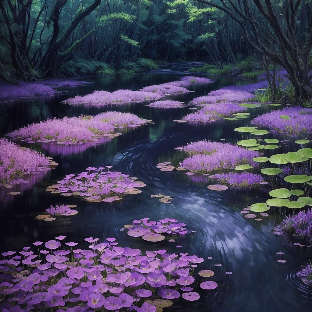 purple flowers are growing near a body of water, a digital rendering by Robert Brackman, flickr, sōsaku hanga, spirited water plants, vicious snapping alligator plant, aquatic plants, river with low hanging plants, vegetation and flowers, mediumslateblue flowers, marsh vegetation, aquatical plants, beautiful image, blue and purple plants