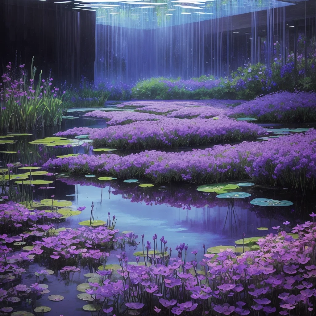 purple flowers are growing near a body of water, a digital rendering by Robert Brackman, flickr, sōsaku hanga, spirited water plants, vicious snapping alligator plant, aquatic plants, river with low hanging plants, vegetation and flowers, mediumslateblue flowers, marsh vegetation, aquatical plants, beautiful image, blue and purple plants