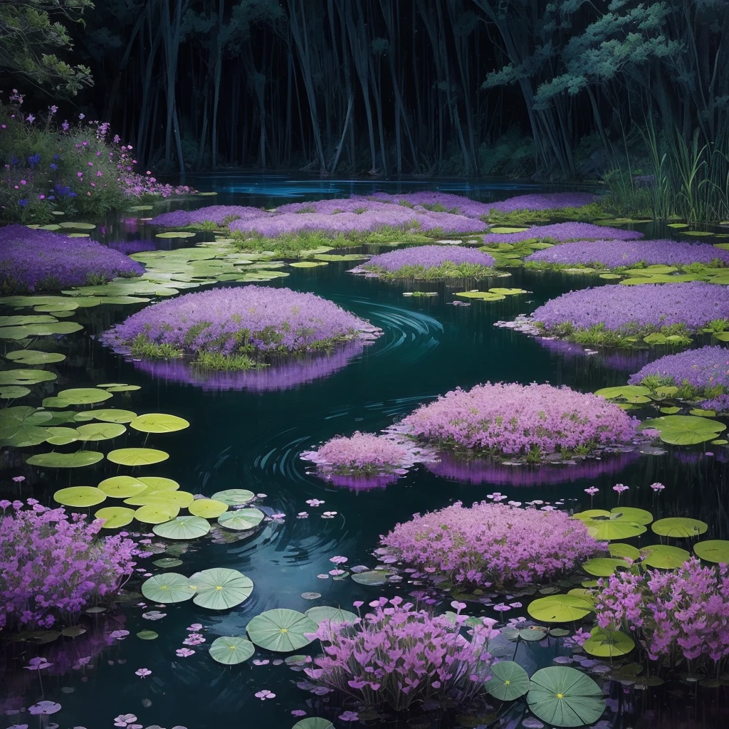 purple flowers are growing near a body of water, a digital rendering by Robert Brackman, flickr, sōsaku hanga, spirited water plants, vicious snapping alligator plant, aquatic plants, river with low hanging plants, vegetation and flowers, mediumslateblue flowers, marsh vegetation, aquatical plants, beautiful image, blue and purple plants