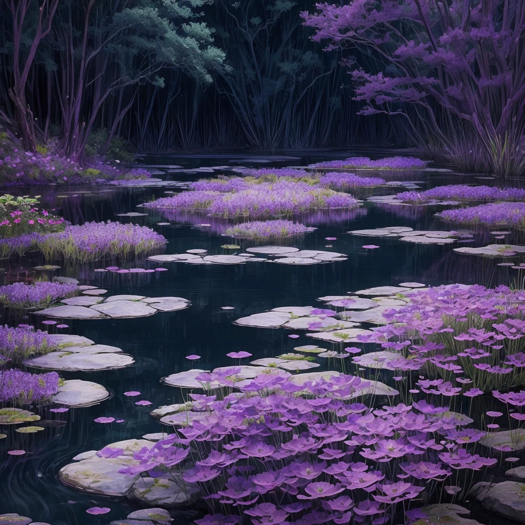 purple flowers are growing near a body of water, a digital rendering by Robert Brackman, flickr, sōsaku hanga, spirited water plants, vicious snapping alligator plant, aquatic plants, river with low hanging plants, vegetation and flowers, mediumslateblue flowers, marsh vegetation, aquatical plants, beautiful image, blue and purple plants
