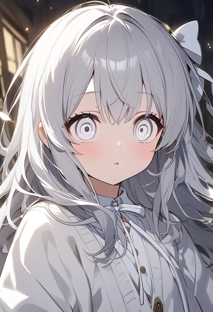 One Girl、Gray Hair、Angel、White eyes、White Hair、White clothes、White ribbon、White cardigan、Big eyes、白いAngelの輪、Angelの羽