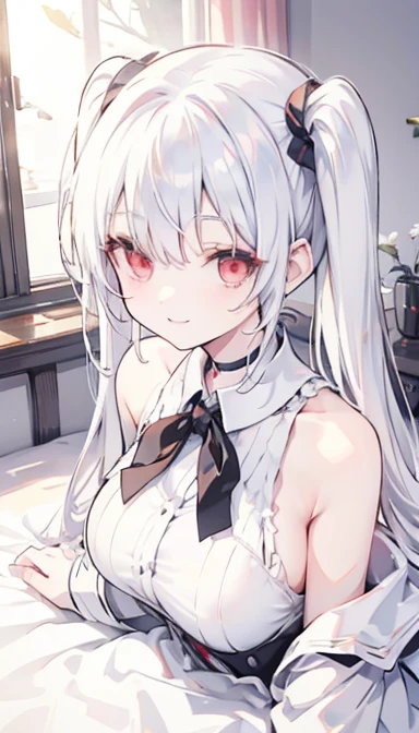 Best Quality, ultra-detailliert, Illustration, silber hair, Aimei,,embarrassed from，red blush，scratching your head，The long-haired，cute  face，beutiful breast，turned around，Close，Angle to show off breasts，look up to，finely detail，a bed、Maids，Cat's ears，crying how bright，Sit up，，turned around，backs，skirt by the，