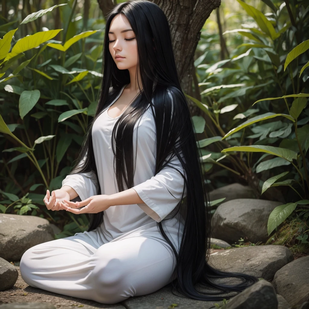 A woman with long black hair sitting cross-legged, meditating with her eyes closed, looking serene and focused. She has a beautiful face, is in a relaxed, peaceful pose, and the background is black.