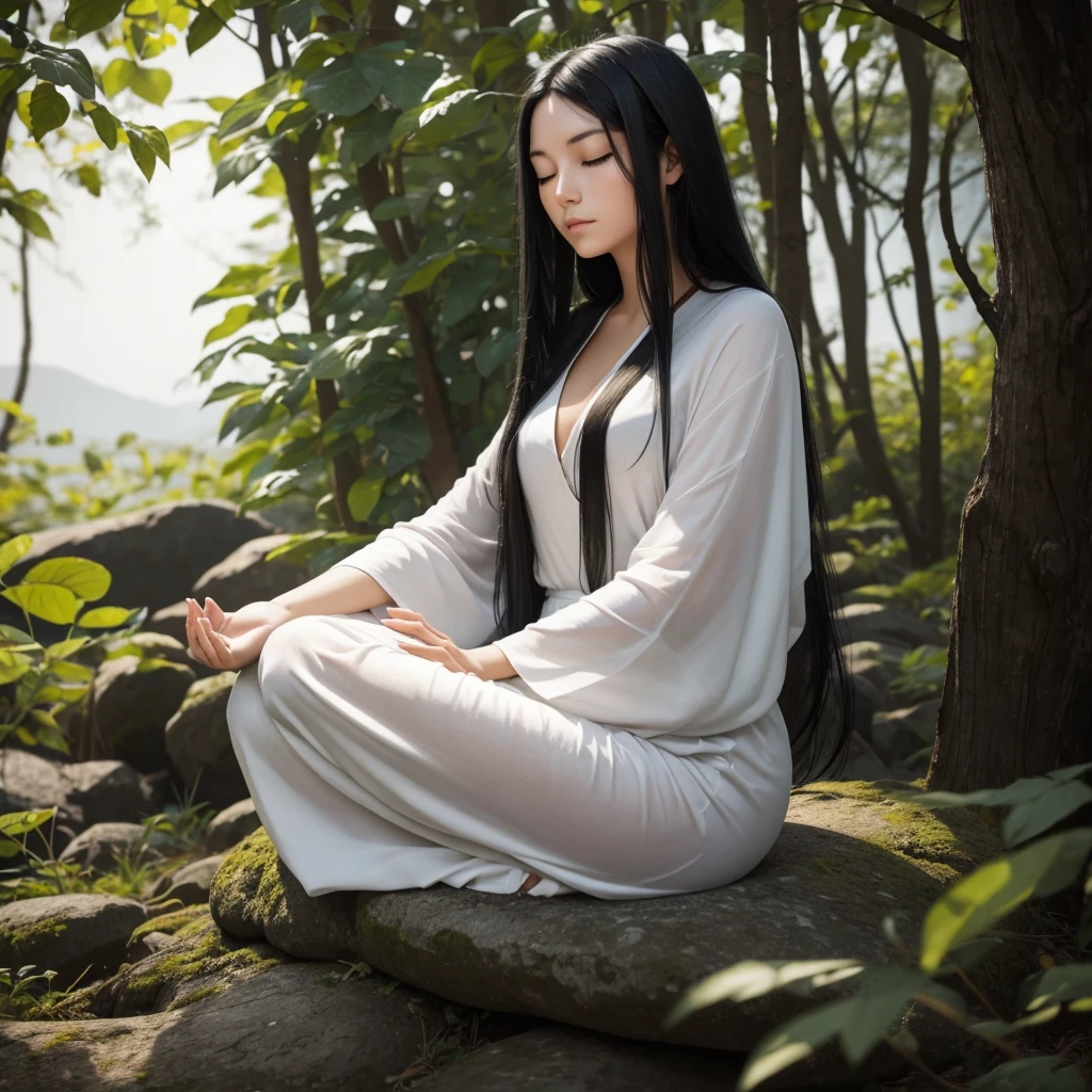 A woman with long black hair sitting cross-legged, meditating with her eyes closed, looking serene and focused. She has a beautiful face, is in a relaxed, peaceful pose, and the background is black.