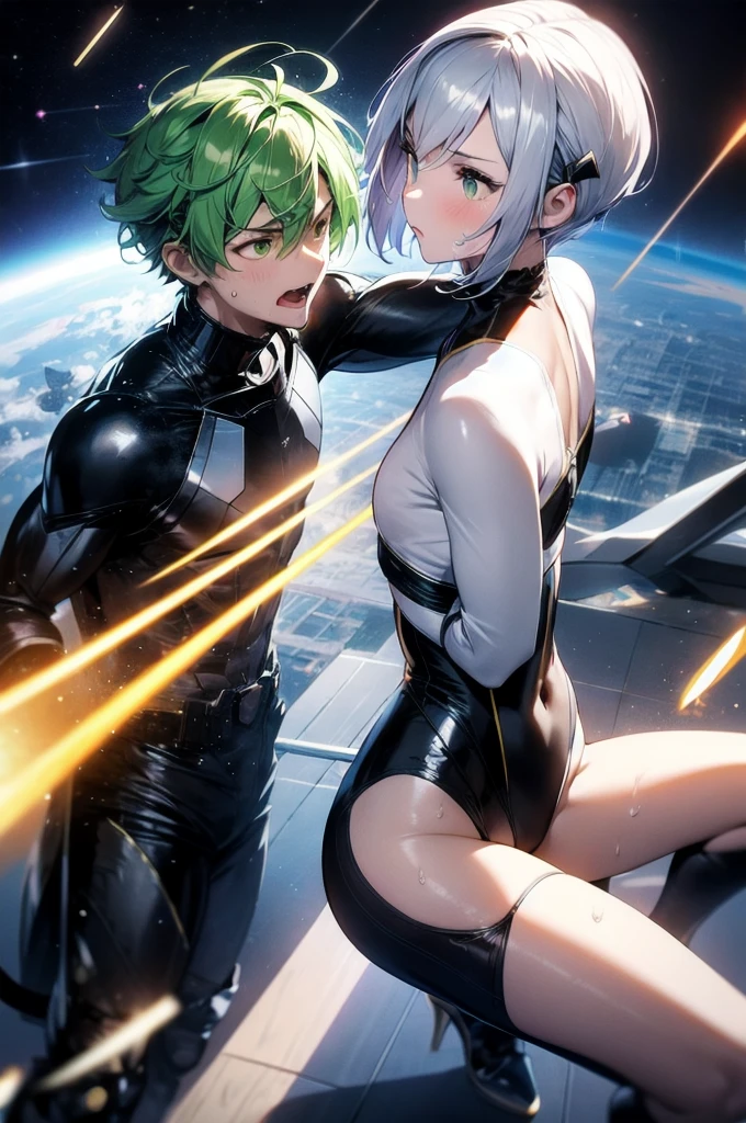 A silver-haired beautiful girl with cat ears eyes are green hair is silver and long clothes: a form-fitting black combat suit The fist is an afterimage The background is a city at night her is in a cat-like fighting pose The year is 14 years monitor, Dark Night, Sweat, Steam of Exhalation, Space, Battle, Dynamic Angle one girl
