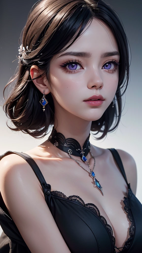 picture, (Full body:1.4), (detailed Face and eye:1.4), Purple eyes,Deep rifts, colorFul, color photography oF woman, (dark makeup), necklace, Earrings, (Dark lipstick), Split lips, sharp Focus, Focus on Face, Insanely sharp details, Very detailed, gigantic breasts in Frame, 4K HQ, 8k, depth oF Field, F/1.2, Leica, 8k HDR, High contrast, Highly retouched, Shadows, sad, Award-winning photography, The best photographers.