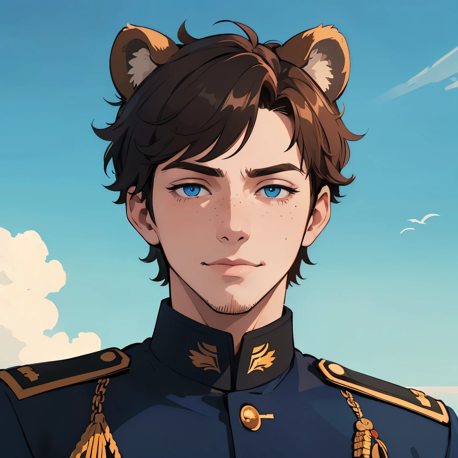 (masterpiece), 1boy, solo male, best quality, expressive eyes, perfect face, sketch style, best quality, kemonomimi, bear ears, animal ears, brown hair, short hair, messy_hair, blue eyes BREAK freckles, (handsome boy, adult man), smile, closed_mouth, military uniform, white uniform, (commander), ocean, blue sky, standing, looking at viewer,
