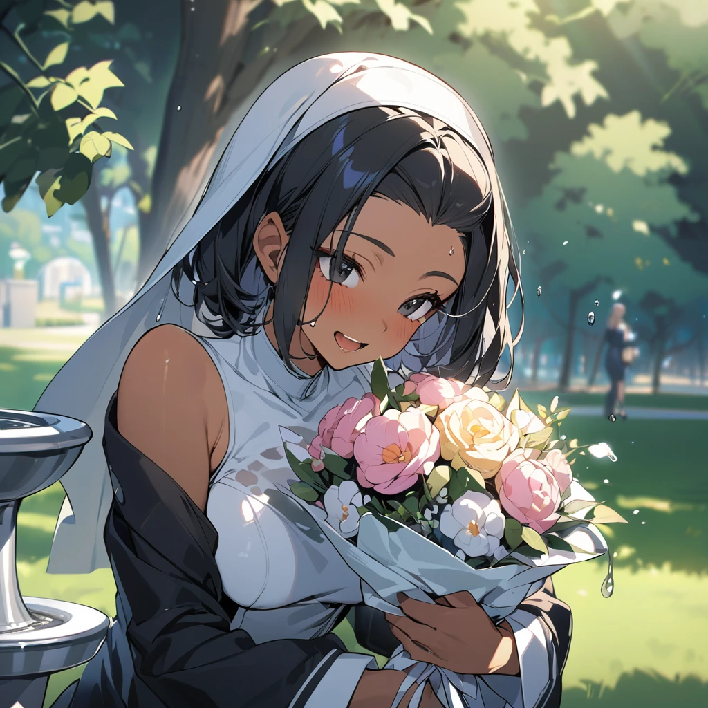 (anime style),masterpiece, best quality, extremely detailed,18Year old,tanned skin,dark skin, Beautiful body,middle breasts,BREAK,multicolored colorful black hair,short hair,hair slicked back,for head,BREAK,black eyes,best smile,open mouth,mouth on water,detailed lips,BREAK,cotton black big ribbon,BREAK,nun uniform,,break,head tilt,in the park,dripping,Drinking fountains,huging2girl,having bouquet