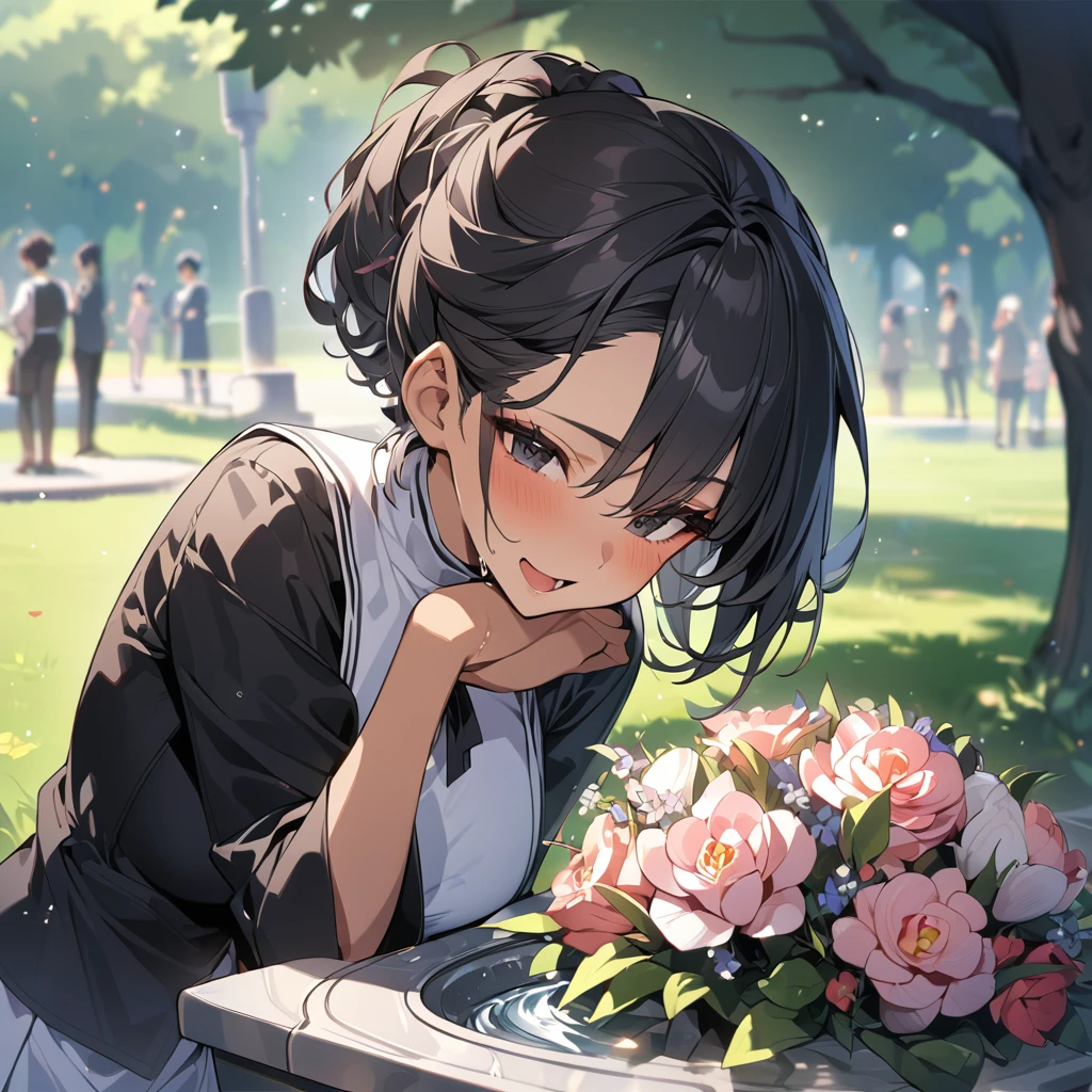 (anime style),masterpiece, best quality, extremely detailed,18Year old,tanned skin,dark skin, Beautiful body,middle breasts,BREAK,multicolored colorful black hair,short hair,hair slicked back,for head,BREAK,black eyes,best smile,open mouth,mouth on water,detailed lips,BREAK,cotton black big ribbon,BREAK,nun uniform,,break,head tilt,in the park,dripping,Drinking fountains,huging2girl,having bouquet