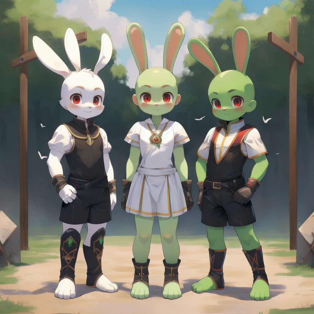 Best quality，Masterpiece，(standing on your feet)，((Black  top))，(Black  shorts)，frontage，((bit girl))，((chiquita))，(Short stature)，(long ear)，((bald-headed))，(short hairs)，((rabbit Body Features))，(rabbit Facial Features)，(red eyes)，(bunny tail)，(White belly fur)，Light green body hair，(Light green face)，((Light green legs))，((White feet))，((black glove))，((Black ankle pads))，(Long rabbit earedieval execution site background))