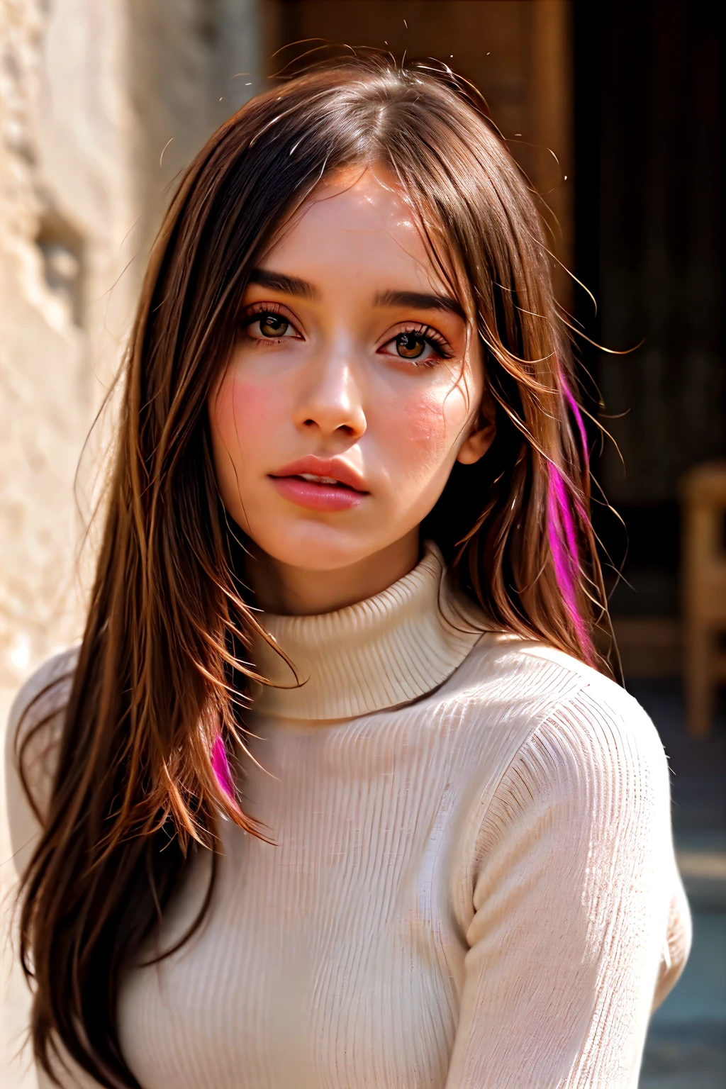 fitaitana pink hair, 1girl, wearing a turtleneck sweater,, professional, photography, excellent lighting, impeccable, precision, rich colors, deep shadows, clarity, high-resolution, razor-sharp, composition, light and shadow, timeless beauty, captivated, artistry, craftsmanship, elegance, sophistication, exquisite, details, atmosphere, balance, masterful, technique, expertly captured, stunning, visual impact, top-quality, compelling, professional-grade, aesthetics, flawless, remarkable, perfection, attention, dynamic, evocative, nuanced, depth, vibrancy, masterclass, breathtaking, awe-inspiring, high-definition, alluring, enchanting, texture, storytelling, mesmerizing, cinematic, elite, artistry. Long silky hair 