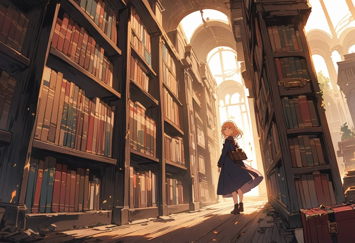 A huge futuristic library housing thousands of books. Steampunk boy in awe in the middle of a library  、(Highest quality、masterpiece、High resolution、detailed)animeスタイル、Flat Style、(Shining Eyes、detailed美しい顔),  break,1 girl、anime