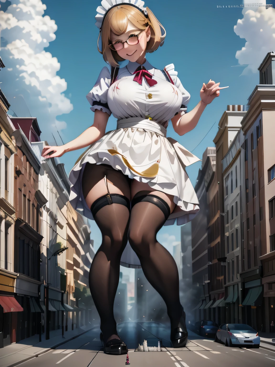 multiple girls, giantess art, highly detailed giantess shots, giantess, most detailed, perfect face, Two legs, Five fingers, short hair, A beautiful girl who is bigger than a skyscraper, Wearing rimless glasses, smile, huge breasts, Maid clothes, Black Pantyhose, no shoes on, toes visible through pantyhose, Steam coming out from the soles of my feet, Destroying cities, Under heavy attack, A very small big city, Miniature metropolis, Full body description, GTS, giga giantess, stomping city, crash city, tiny city, micro city, pantyhose feet, High resolution, highest quality, masterpiece,