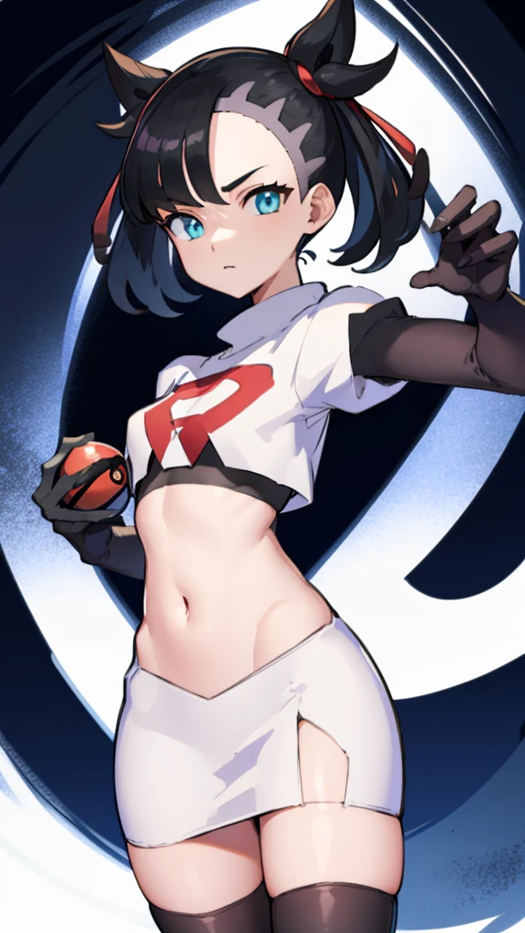 pokemon marnie, pokemon marnie, Green eyes, black fur, short hair, of collections, (small breasts:1.2),
Team Rocket,Team Rocket uniform, red letter R, White skirt,White crop top,black thigh high stockings,black elbow length gloves BREAK looking at viewer,
BREAK (Masterpiece:1.2), Best Quality, high resolution, unity wallpaper 8k, (illustration:0.8), (Beautiful detailed eyes:1.6), extremely detailed face, perfect lighting, Extremely detailed CG, (perfect hands, perfect anatomy),(a Pokeball in his hand)