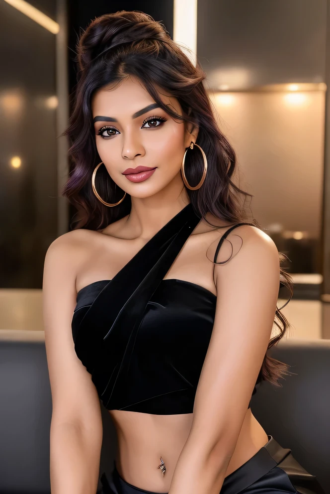 Create an ultra-realistic image of a modern, attractive female influencer of Indian descent, aged between 27 to 30. She should have a warm and inviting smile, expressive almond-shaped eyes with a slight shimmer, and clear, glowing skin with a medium brown complexion. Her features should be well-defined, with high cheekbones and a sharp jawline. Her hair should be a deep, reddish-purple hue that’s bold yet sophisticated, styled in an intricate updo with curls and volume. She should have a slender yet athletic build, reflecting a healthy and active lifestyle, with a larger bust size, offering a balanced and proportionate look.

She is wearing a Black Satin Saree paired with a sleeveless Black Velvet Blouse that highlights her toned figure, with half of her bust area shown. Her lower body is fully covered by the saree. Her outfit is completed with stylish black heeled sandals that add elegance to her look. She accessorizes with subtle yet chic jewelry, such as small hoop earrings and a few thin bangles.

The background should feature an urban skyline at night with city lights twinkling in the background, suggesting a cosmopolitan lifestyle. Her overall appearance should exude confidence, approachability, and sophistication, capturing the essence of a contemporary Indian fashion influencer.