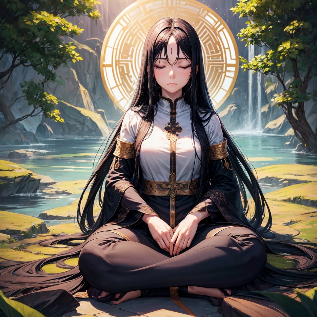 A woman with long black hair sitting cross-legged, meditating with her eyes closed, looking serene and focused. She has a beautiful face, is in a relaxed, peaceful pose, and the background is black.