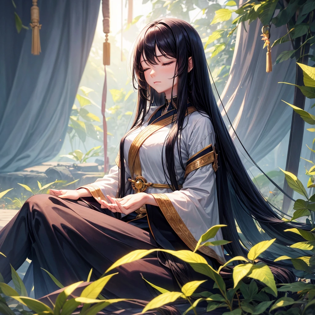 A woman with long black hair sitting cross-legged, meditating with her eyes closed, looking serene and focused. She has a beautiful face, is in a relaxed, peaceful pose, and the background is black.