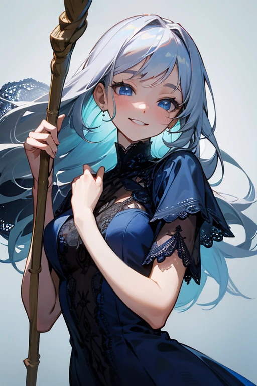 (masterpiece: 1.2, Highest quality), (Actual Photos, Intricate details), 1. woman, alone, Upper Body, casual, Shoulder-length hair, Minimal makeup, Natural materials, Face close-up, smile, Home, Long white hair、blue eyes, Shoulder Bare、Smiling with teeth showing、((Navy blue lace dress))、((blue eyes))、Save a face image、((Stick your butt out))