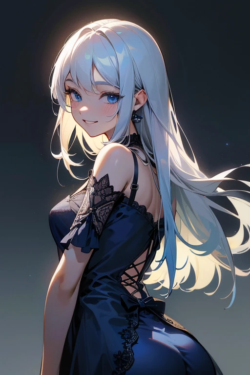 (masterpiece: 1.2, Highest quality), (Actual Photos, Intricate details), 1. woman, alone, Upper Body, casual, Shoulder-length hair, Minimal makeup, Natural materials, Face close-up, smile, Home, Long white hair、blue eyes, Shoulder Bare、Smiling with teeth showing、((Navy blue lace dress))、((blue eyes))、Save a face image、((Stick your butt out))