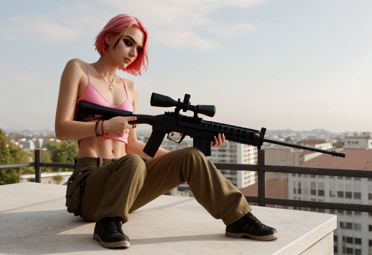 (a 20 year old femboy, short haircut, communist necklace, Joe Biden TShirt, pink panties showing over low rider pants, Sniper rifle, dead, multiple gunshot wounds) has been shot dead on a white roof, multiple bloody gunshots