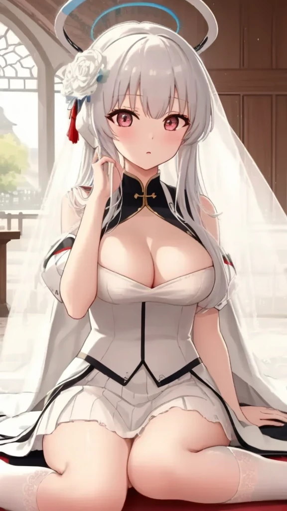 A girl，Long hair, Bangs,White hair, Hair between the eyes, s eyes，紫色s eyes:（1.5), (Large Breasts:1.2), rest 锁骨, Wedding dress，veil，wedding，White Dress，Flowers，The skirt is broken，White socks，Tights，White knee socks，cleveage， Looking at the audience, whole body, indoors, church，permanent，permanent， rest (masterpiece:1.2), best quality, high resolution, Unity 8K wallpaper, (illustration:0.8), (美丽细致s eyes:1.6), Extremely detailed face, Perfect lighting, Extremely detailed CG, (Perfect hands, Perfect anatomical structure),
