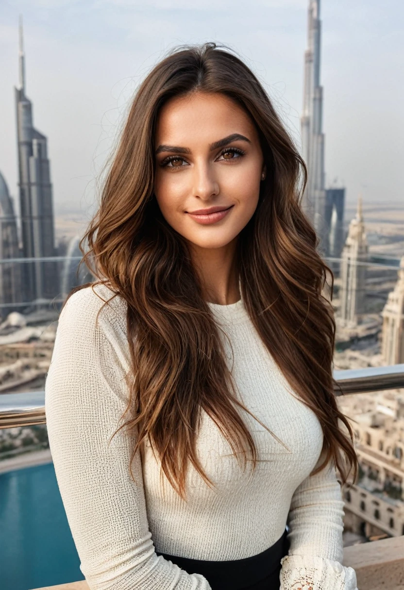 Beautiful brunette digital influencer and model, long wavy brown hair, ((arched eyebrows with natural texture)), (((confident and elegant pose, supported on the balustrade, subtle smile for the camera))). from front view (((on the terrace of the At restaurant.mosphere no Burj Khalifa))). highy detailed, 20 year, ((almond brown eyes)). (((Nose with straight back, slightly rounded tip, harmonious proportion with the face, symmetrical and refined nostrils))). ((Medium, well-defined lips, soft cupid's bow, natural redness around the edges, smooth texture with visible hydration)). high resolution, work of art. Pele realista Fitzpatrick V, visible pores on cheeks, subtle periorbital melanose. ((Wearing a stunning couture gown)). excellent quality, extremely detaild, sharp focus, 4K, ((tiro Sony Alpha 1, 85mm F/1.4 GM)), ARRI color vision. Proportionate Body, photoshot_(ultra), photoshotrrealismo, 8k hd, photoshotgrafia (film grain) medium shot for filming (((Golden sunset lighting with Dubai skyline and Dubai Fountain in the background))) Em primeiro plano