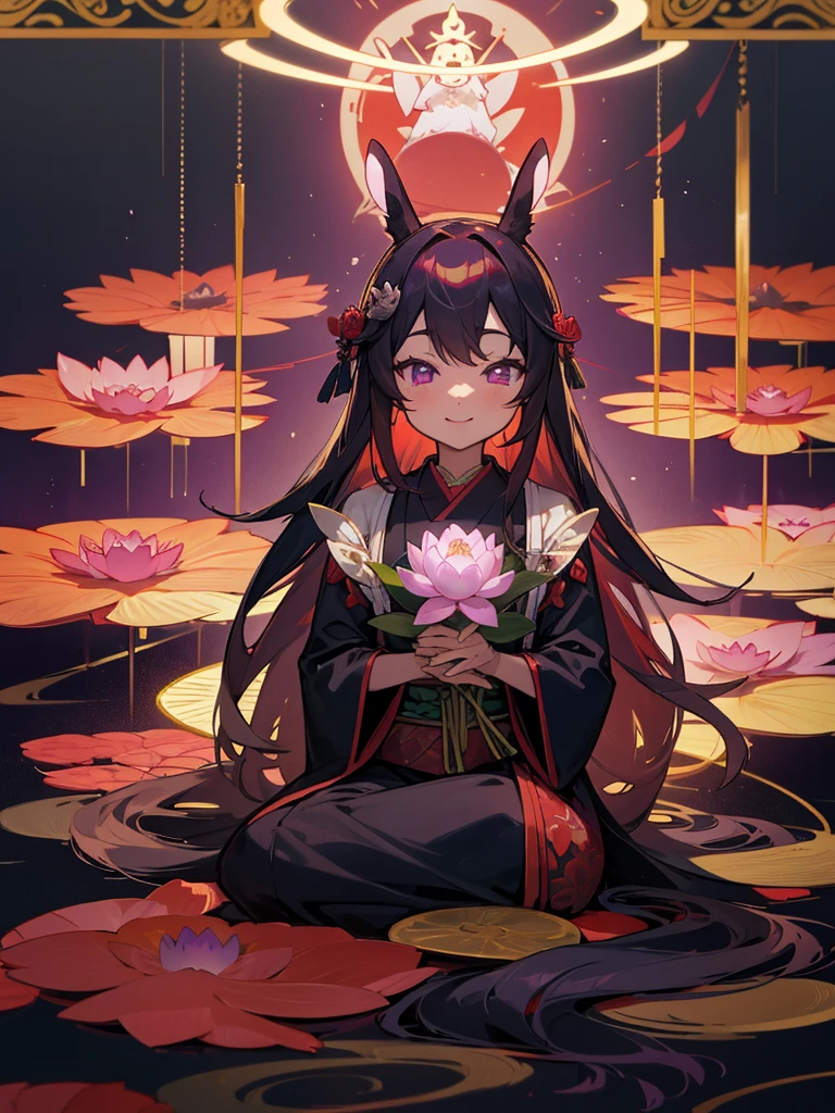 Buddha, rabbit ears, Black long hair, Red Japanese pattern dress, portable shrine, Angel Halo, lotus flower field, purple eyes, smile, Japanese flag
, lotus bouquet, gold screen, paradise, Rose hair ornament.Blue Randoseru