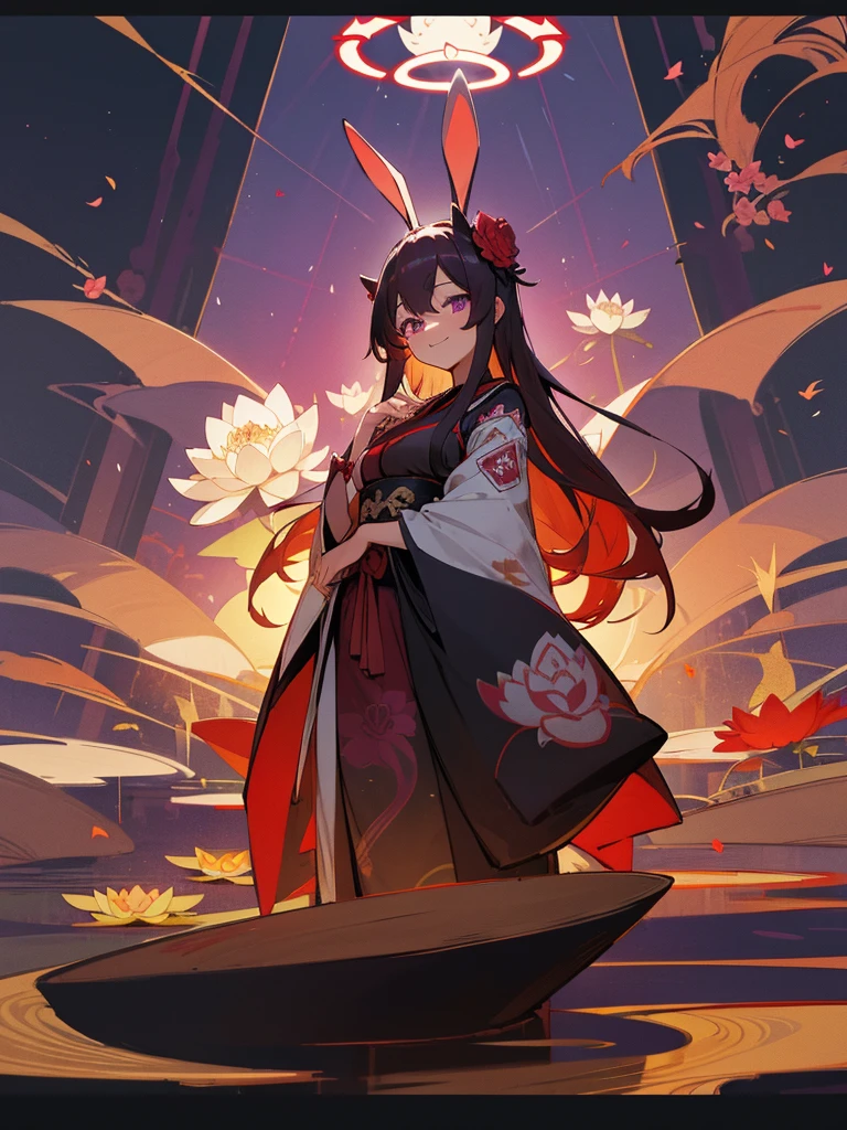 Buddha, rabbit ears, Black long hair, Red Japanese pattern dress, portable shrine, Angel Halo, lotus flower field, purple eyes, smile, Japanese flag
, lotus bouquet, gold screen, paradise, Rose hair ornament.Blue Randoseru
