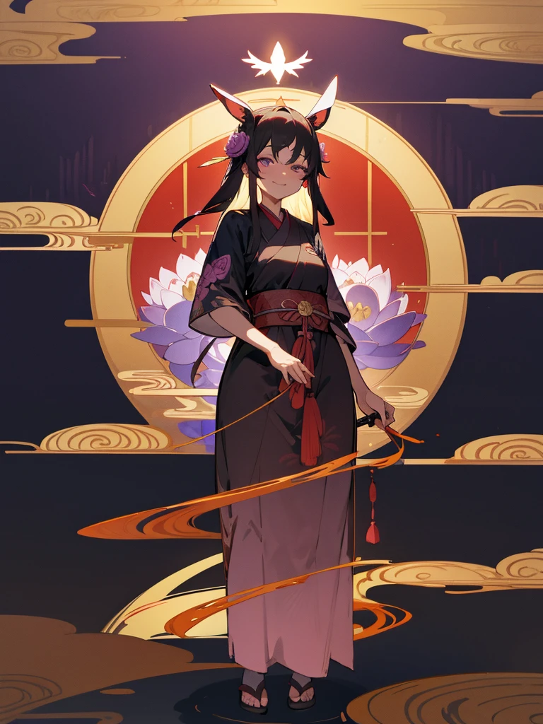 Buddha, rabbit ears, Black long hair, Red Japanese pattern dress, portable shrine, Angel Halo, lotus flower field, purple eyes, smile, Japanese flag
, lotus bouquet, gold screen, paradise, Rose hair ornament.Blue Randoseru