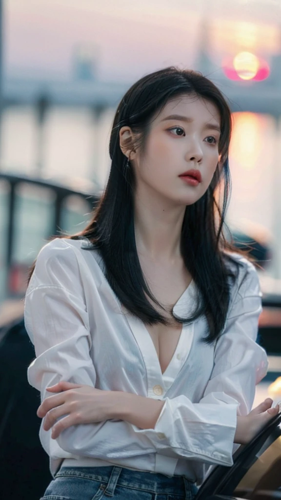 (8k, best quality, masterpiece, super fast:1.2) Beautiful pictures of pretty Japanese girls, Beautiful seductive fashion modern painting, looking at viewer, ((sunset background)), (1 woman), (White see-through shirt long sleeves), ((Black short denim skirt)), ((bite)),black hair, medium hair, High-angle photo of gorgeous woman, realistic skin texture, I look up, (nudity), round chin, 50mm art lens, F 1. 2, sharp focus, 8k 고화질, incredibly detailed, convoluted, elegant, D-cup breasts, dynamic pose, , deep division