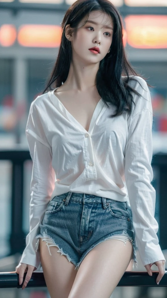 (8k, best quality, masterpiece, super fast:1.2) Beautiful pictures of pretty Japanese girls, Beautiful seductive fashion modern painting, looking at viewer, ((sunset background)), (1 woman), (White see-through shirt long sleeves), ((Black short denim skirt)), ((bite)),black hair, medium hair, High-angle photo of gorgeous woman, realistic skin texture, I look up, (nudity), round chin, 50mm art lens, F 1. 2, sharp focus, 8k 고화질, incredibly detailed, convoluted, elegant, D-cup breasts, dynamic pose, , deep division