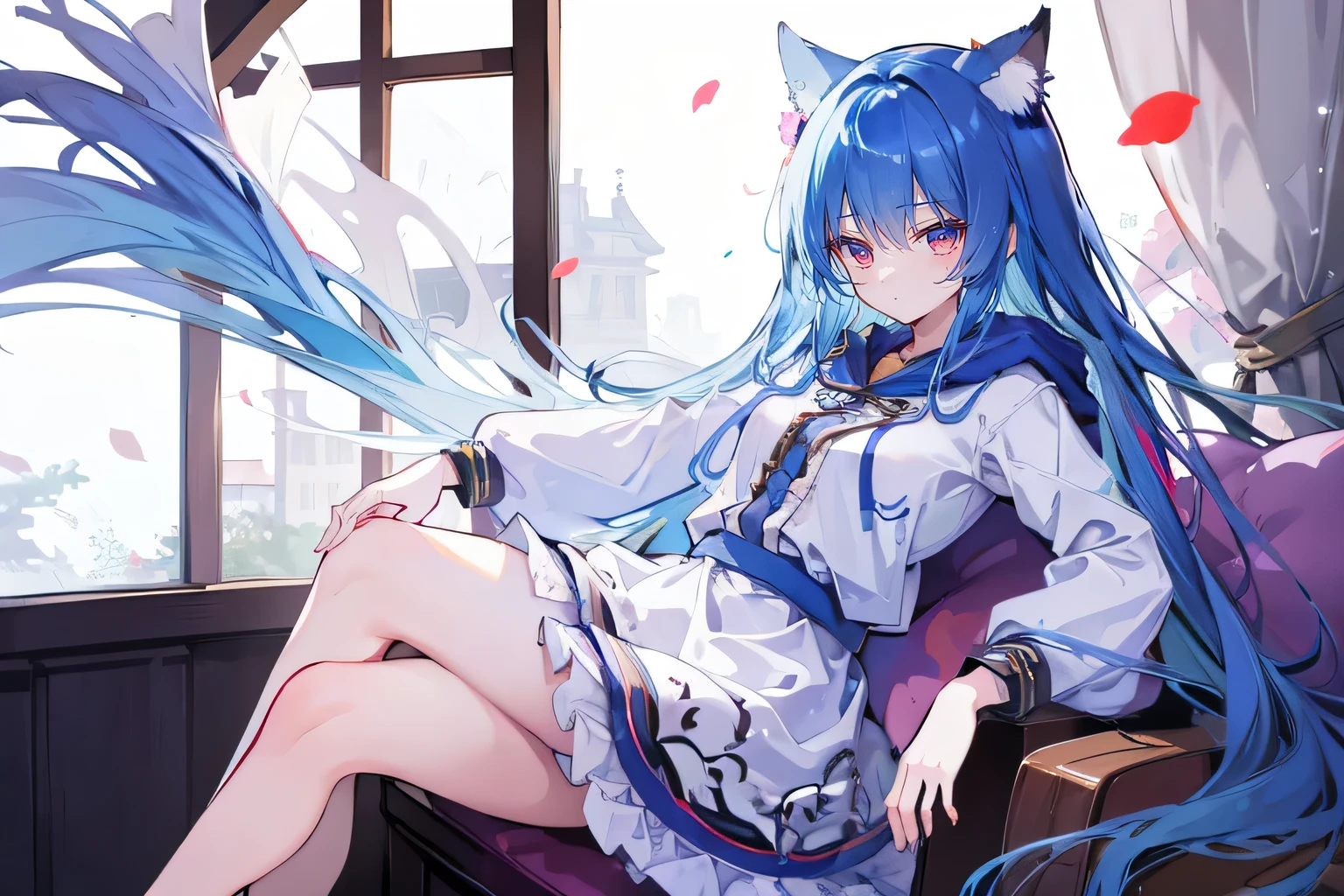 (masterpiece:1.2),Super detailed,lifelike,Expressive eyes,fair skin,perfect face shape,1 girl,
Japanese comics,Gorgeous blue hair,flowing blue hair,flowing clothes,Cat ears,Petals fall,beautiful lola,Baby Angel,
Shaking head with one hand,Cross your legs,Gentle and peaceful background,The pavilion is cool and comfortable,smile, wearing hoodie, In front of the window,snowing