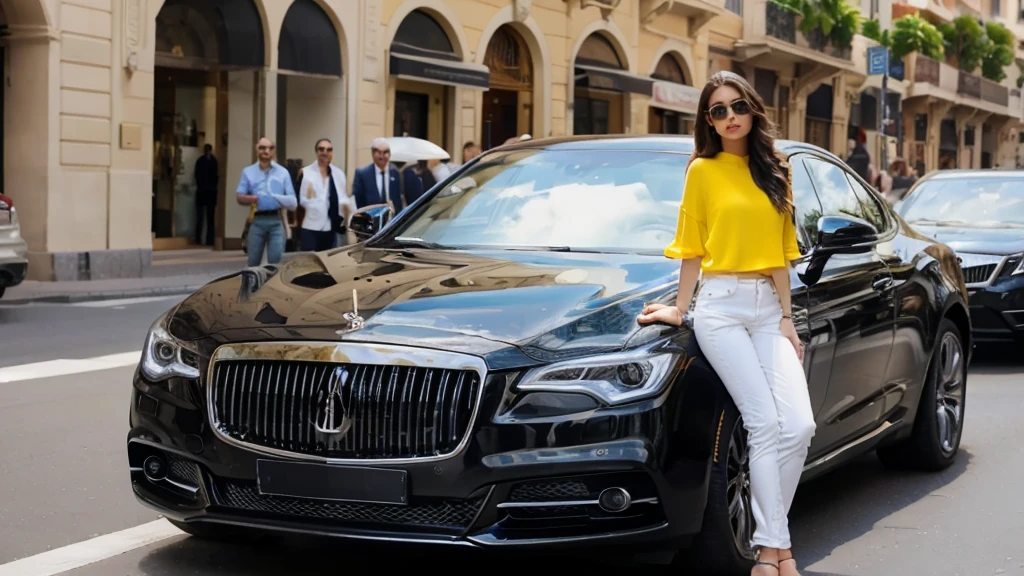 beautiful girl dressed casually with style, driving a luxury car on the streets of Monaco