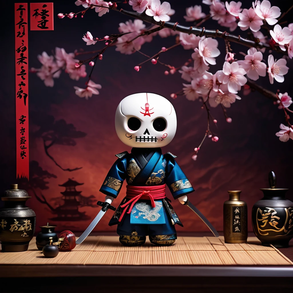 (knitted toy voodoo doll:1.5), (Voodoo Phantom Samurai:1.3), (Clothing: ghostly armor with kanji patterns:1.0), (Accessories: enchanted katana emitting a spectral glow, floating cherry blossoms:1.1), (background: haunted dojo with ancient scrolls, shadowy figures, and an atmosphere of spectral honor:1.2), best quality, masterpiece, detailed soft oil painting, detailed background, dramatic cinematic lighting, soft edge lighting, professional, dramatic lighting, hard edge lighting, ultra quality, 4k, masterpiece, best quality, 8k, ultra high definition, high resolution, extremely detailed