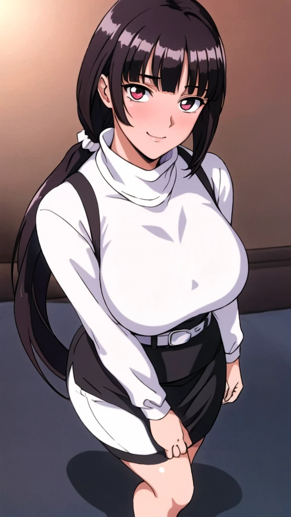 white turtleneck, black shirt,black long skirt,white belt,hair ornament, hair scrunchie,low ponytail,
long hair,bangs, black hair, blunt bangs,big red eyes,alone, 1 girl,Young female, 18 years old, very cute, smile, Beautiful Finger,Beautiful long legs,Beautiful body,Beautiful Nose,Beautiful character design, perfect eyes, perfect face,expressive eyes, looking at viewer, in the center of the image,(light_smile:0.5), official art,extremely detailed CG unity 8k wallpaper, perfect lighting,Colorful, Bright_Front_face_Lighting,shiny skin, (masterpiece:1.0),(best_quality:1.0), ultra high res,4K,ultra-detailed, photography, 8K, HDR, highres, absurdres:1.2, Kodak portra 400, film grain, blurry background, bokeh:1.2, lens flare, (vibrant_color:1.2), (beautiful_face:1.5), (curvy body), ashamed, blushing, black pencil skirt, suspender,SFW,full body,portrait,