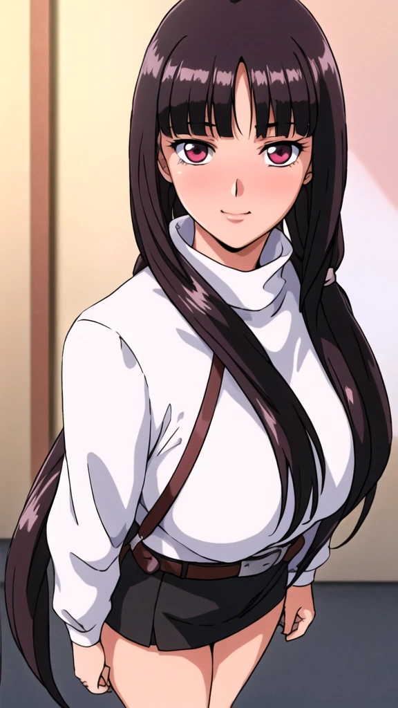 white turtleneck, black shirt,black long skirt,white belt,hair ornament, hair scrunchie,low ponytail,
long hair,bangs, black hair, blunt bangs,big red eyes,alone, 1 girl,Young female, 18 years old, very cute, smile, Beautiful Finger,Beautiful long legs,Beautiful body,Beautiful Nose,Beautiful character design, perfect eyes, perfect face,expressive eyes, looking at viewer, in the center of the image,(light_smile:0.5), official art,extremely detailed CG unity 8k wallpaper, perfect lighting,Colorful, Bright_Front_face_Lighting,shiny skin, (masterpiece:1.0),(best_quality:1.0), ultra high res,4K,ultra-detailed, photography, 8K, HDR, highres, absurdres:1.2, Kodak portra 400, film grain, blurry background, bokeh:1.2, lens flare, (vibrant_color:1.2), (beautiful_face:1.5), (curvy body), ashamed, blushing, black pencil skirt, suspender,SFW,full body,portrait,