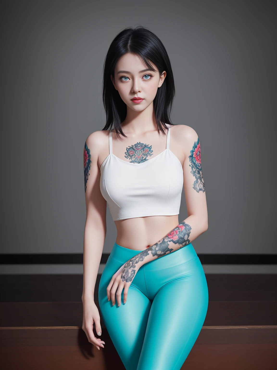 very beautiful fullbody tattood girl in bright leggings, white cropped top, charismatic personality, professional photo, style of jessica drossin, super realistic photo, hyper detail, great attention to skin and eyes, professional photo, --ar 2:3 --style raw --stylize 750 --niji 6