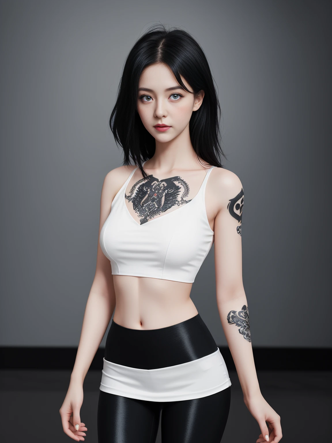 very beautiful fullbody tattood girl in bright leggings, white cropped top, charismatic personality, professional photo, style of jessica drossin, super realistic photo, hyper detail, great attention to skin and eyes, professional photo, --ar 2:3 --style raw --stylize 750 --niji 6