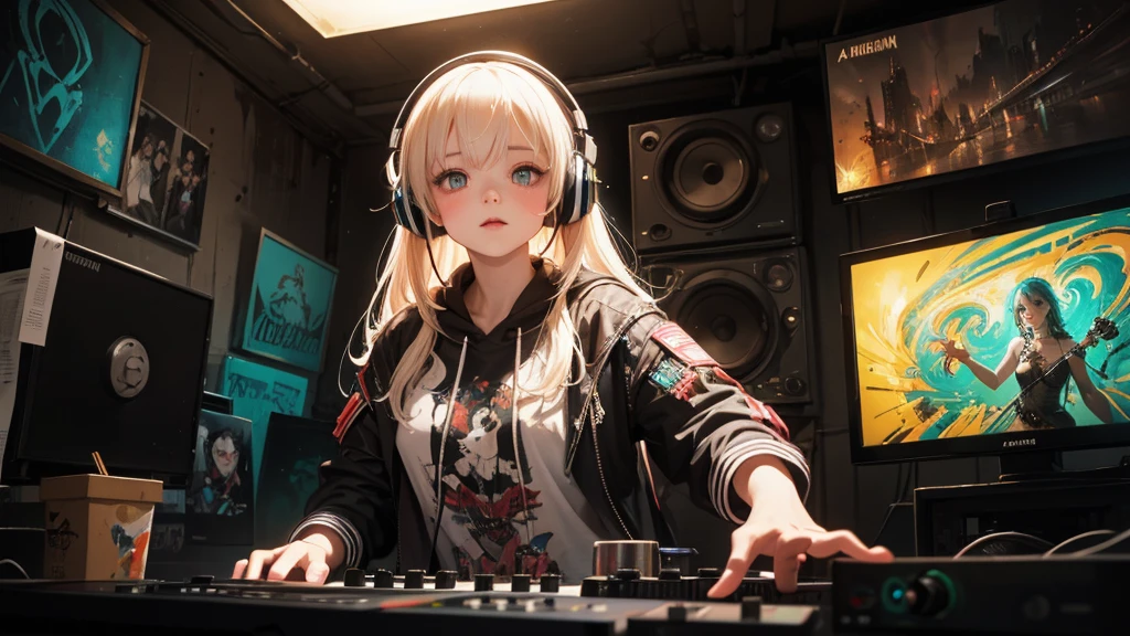 A close-up portrait of a charming albino girl, a DJ in the style of Anna Dittman, by Jeremy Mann, dressed in futuristic attire. The painting is executed in the manner of Gustave Moreau, with a resolution of 32 pixels. The girl is standing at the DJ console, wearing headphones, and is dancing to music. The background features a wall covered in graffiti and neon core, with colors that glow in the darkness, reminiscent of the Glowwave style. Aesthetically, the painting is reminiscent of vintage style.