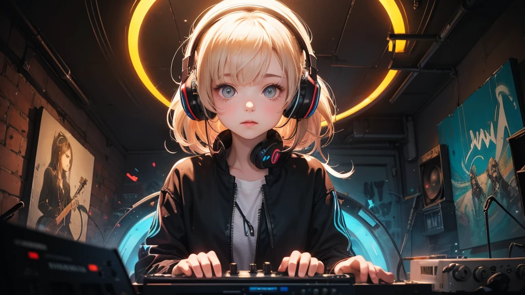 A close-up portrait of a charming albino girl, a DJ in the style of Anna Dittman, by Jeremy Mann, dressed in futuristic attire. The painting is executed in the manner of Gustave Moreau, with a resolution of 32 pixels. The girl is standing at the DJ console, wearing headphones, and is dancing to music. The background features a wall covered in graffiti and neon core, with colors that glow in the darkness, reminiscent of the Glowwave style. Aesthetically, the painting is reminiscent of vintage style.