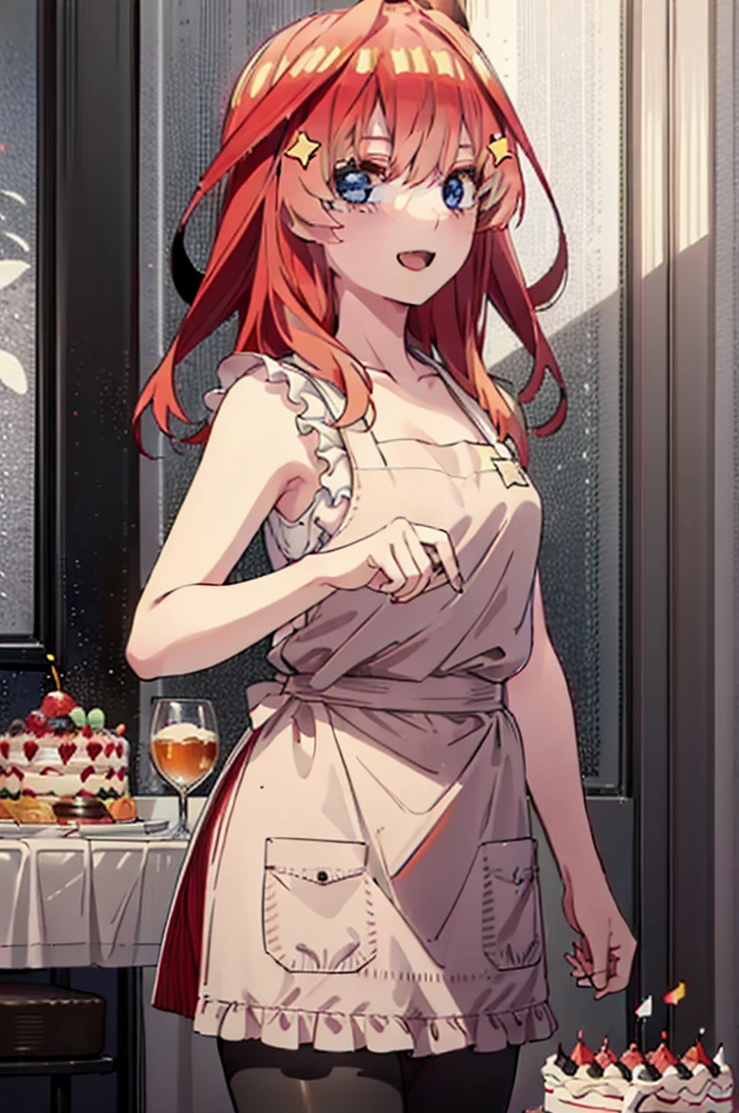 itsukinakano, Itsuki Nakano, bangs, blue eyes, Hair between the eyes, Ahoge, Redhead, star \(symbol\), hair ornaments,happy smile, smile, Open your mouth,cracker, star hair ornaments,Red Tank Top,Long skirt,Black hose,apron,Walking,There is food and a birthday cake on the table,
break indoors, room,
break looking at viewer,Upper Body,
break (masterpiece:1.2), Highest quality, High resolution, unity 8k wallpaper, (figure:0.8), (Beautiful attention to detail:1.6), Highly detailed face, Perfect lighting, Highly detailed CG, (Perfect hands, Perfect Anatomy),