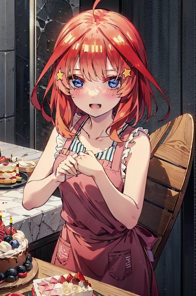 itsukinakano, Itsuki Nakano, bangs, blue eyes, Hair between the eyes, Ahoge, Redhead, star \(symbol\), hair ornaments,happy smile, smile, Open your mouth,cracker, star hair ornaments,Red Tank Top,Long skirt,Black pantyhose,apron,Walking,There is food and a birthday cake on the table,
break indoors, room,
break looking at viewer,Upper Body,
break (masterpiece:1.2), Highest quality, High resolution, unity 8k wallpaper, (figure:0.8), (Beautiful attention to detail:1.6), Highly detailed face, Perfect lighting, Highly detailed CG, (Perfect hands, Perfect Anatomy),