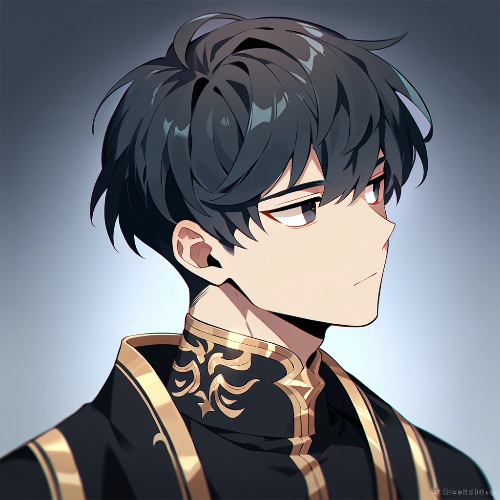 1 young man, focus man , No smile, human, short hair, black hair, dark black eyes ,He wore a black robe with some gold embroidery. , Wear black jewelry , Fantasy, The best aesthetics , best quality, Amazing quality, The best aesthetics