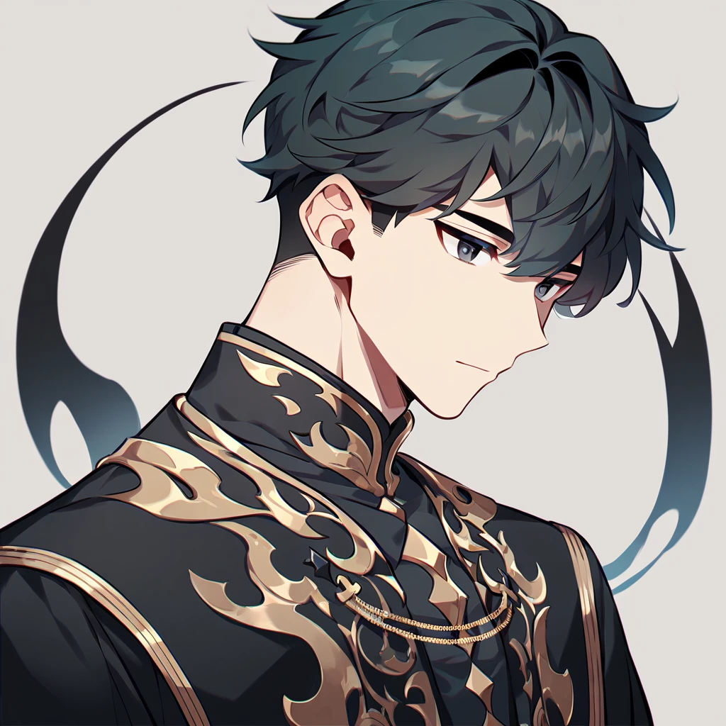 1 young man, focus man , No smile, human, short hair, black hair, dark black eyes ,He wore a black robe with some gold embroidery. , Wear black jewelry , Fantasy, The best aesthetics , best quality, Amazing quality, The best aesthetics