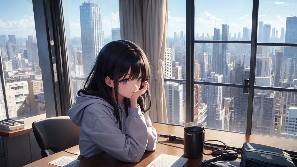 (((masterpiece))), (((Highest quality: 1.4))), ((Super Detail: 1.4)) , Ultra-high resolution, 8k, Anime Art Wallpaper, Works by Makoto Xin Haicheng, Lofi Art Style, Lo-fi feel, Perfect human body engineering, 1 female, Mystical eyes, Oversized hoodie and short skirt, Shiny long black hair, Larger than average bust, Listening to music through headphones, Looking out the window, City Room, A room for music lovers, city view from the window, Impressive cityscape, Bright Sky, meteor, Wide angle, Before dusk