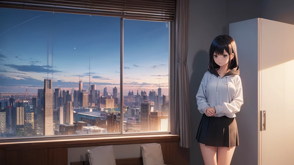 (((masterpiece))), (((Highest quality: 1.4))), ((Super Detail: 1.4)) , Ultra-high resolution, 8k, Anime Art Wallpaper, Works by Makoto Xin Haicheng, Lofi Art Style, Lo-fi feel, Perfect human body engineering, 1 female, Mystical eyes, Oversized hoodie and short skirt, Shiny long black hair, Larger than average bust, Listening to music through headphones, Looking out the window, City Room, A room for music lovers, city view from the window, Impressive cityscape, Bright Sky, meteor, Wide angle, Before dusk