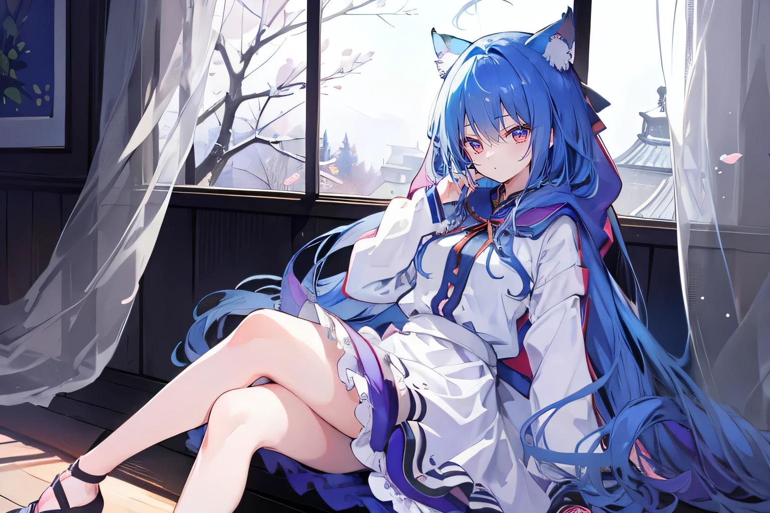 (masterpiece:1.2),Super detailed,lifelike,Expressive eyes,fair skin,perfect face shape,1 girl,
Japanese comics,Gorgeous blue hair,flowing blue hair,flowing clothes,Cat ears,Petals fall,beautiful lola,Baby Angel,
Shaking head with one hand,Cross your legs,Gentle and peaceful background,The pavilion is cool and comfortable,smile, wearing hoodie, In front of the window,snowing