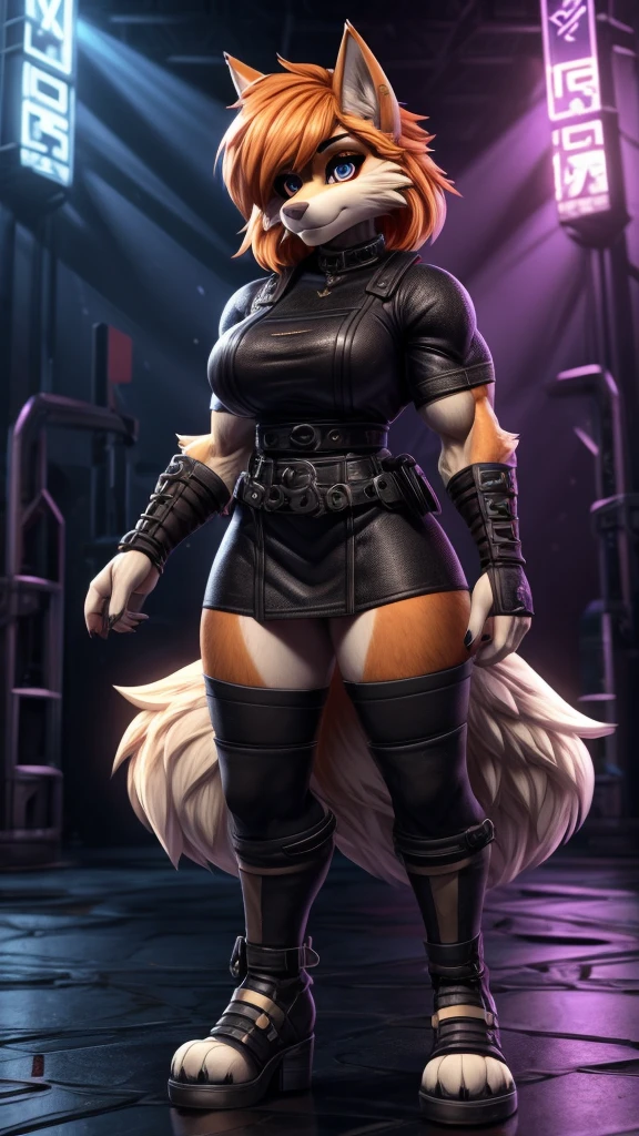Skye from Paw Patrol, as a female wolf, anthro, mature adult, orange fluffy hair, magenta iris, big breasts, big butt, muscular, wearing goth clothing, standing, full body, slim body, detailed, solo, beautiful, high quality, precise, clear background, 4K